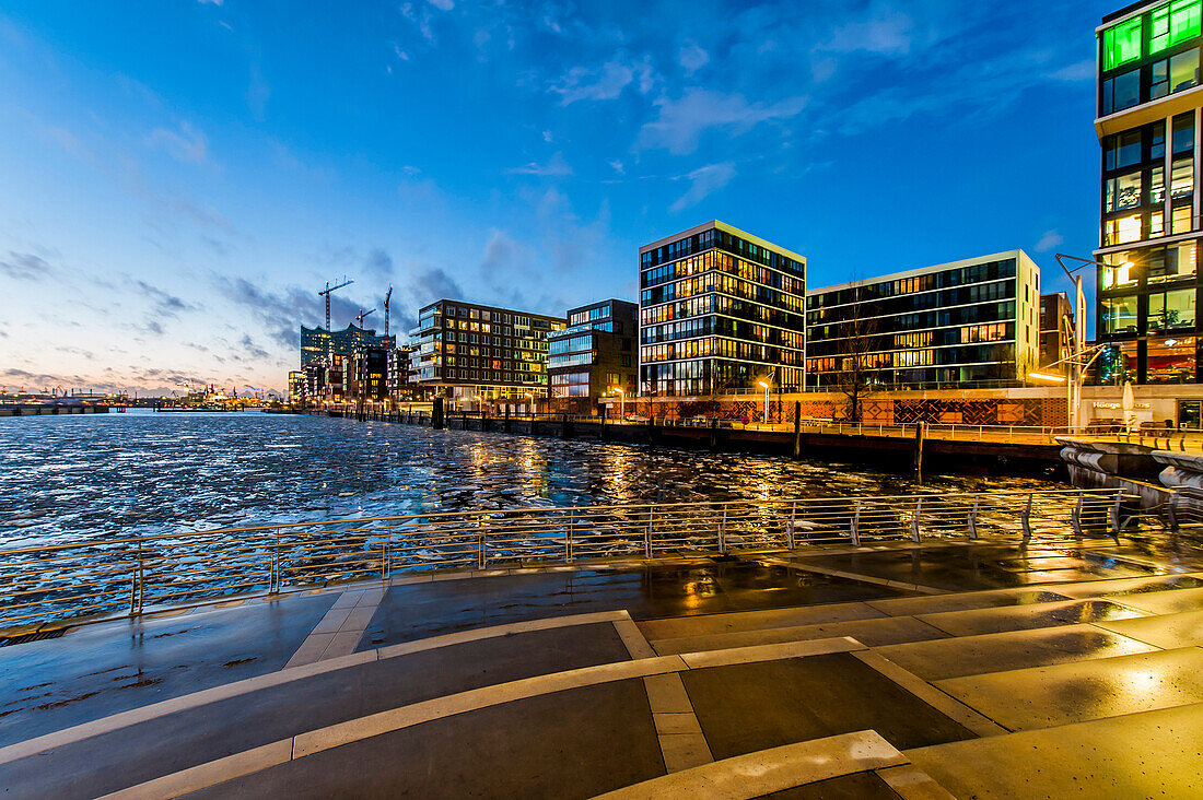 Twilight at Marco-Polo-terrace in Hafencity, Hamburg, Germany