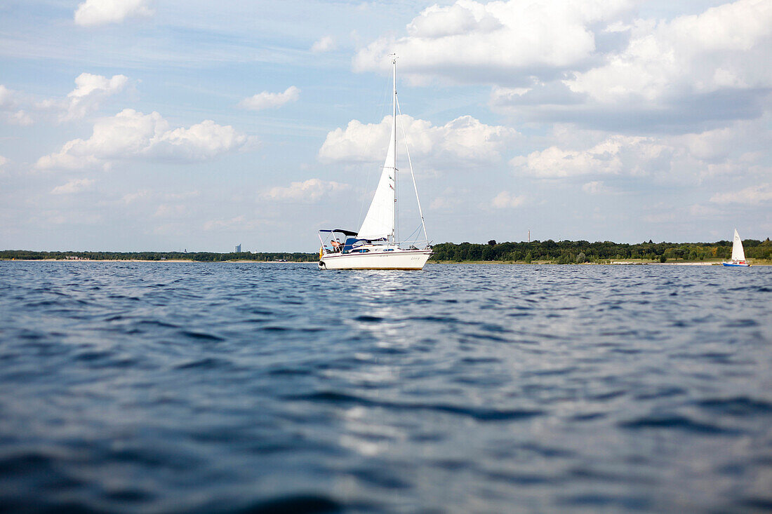 Sailing boat on Cospuden lake, Leipzig, Saxony, Germany
