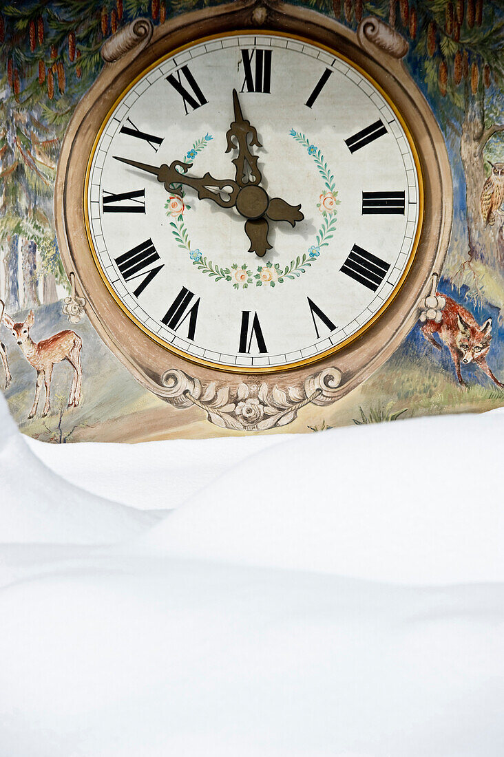 Close up of the large cuckoo clock, Hofgut Sternen, Ravenna Gorge, near Freiburg im Breisgau, Black Forest, Baden-Wuerttemberg, Germany