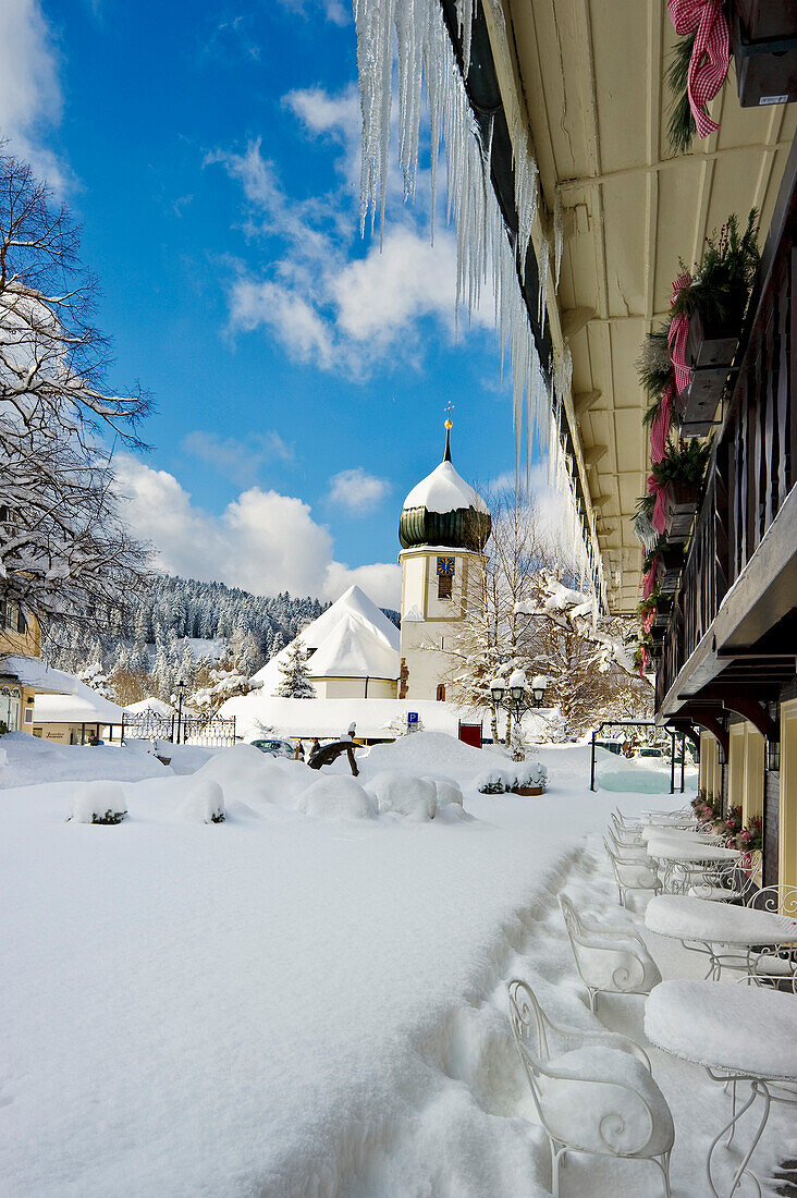 Hotel Adler and church, Hinterzarten, Black Forest, Baden-Wuerttemberg, Germany