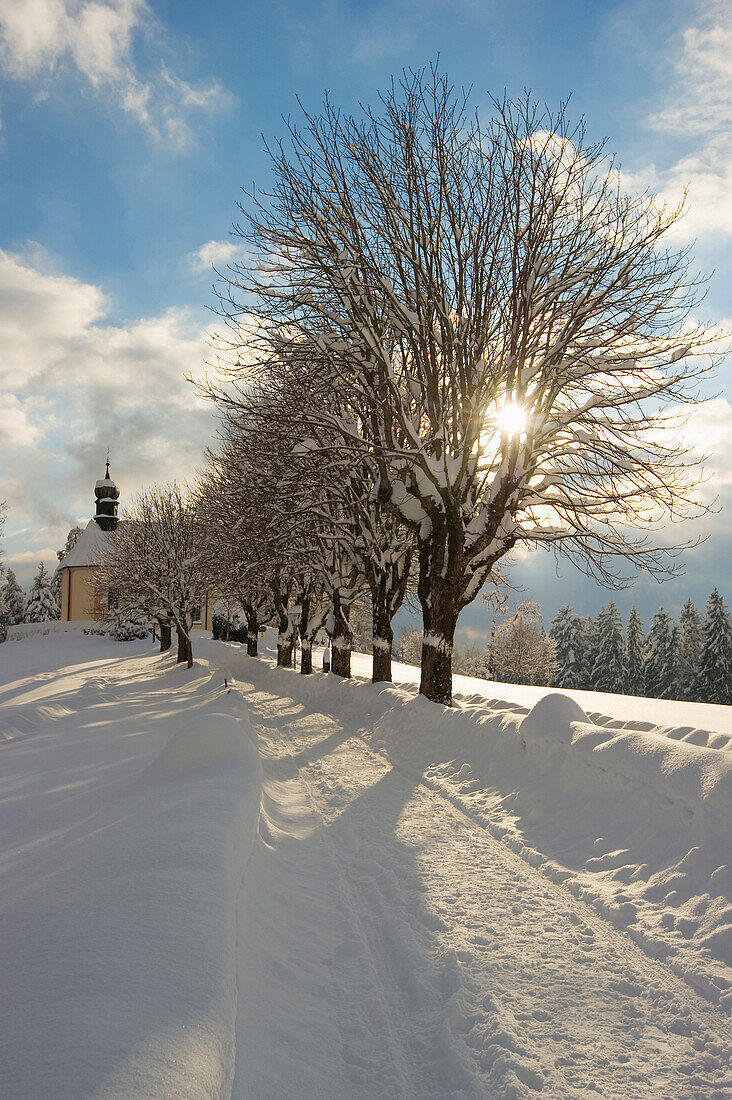 Sunset and chapel near St Maergen, Black Forest, Baden-Wuerttemberg, Germany