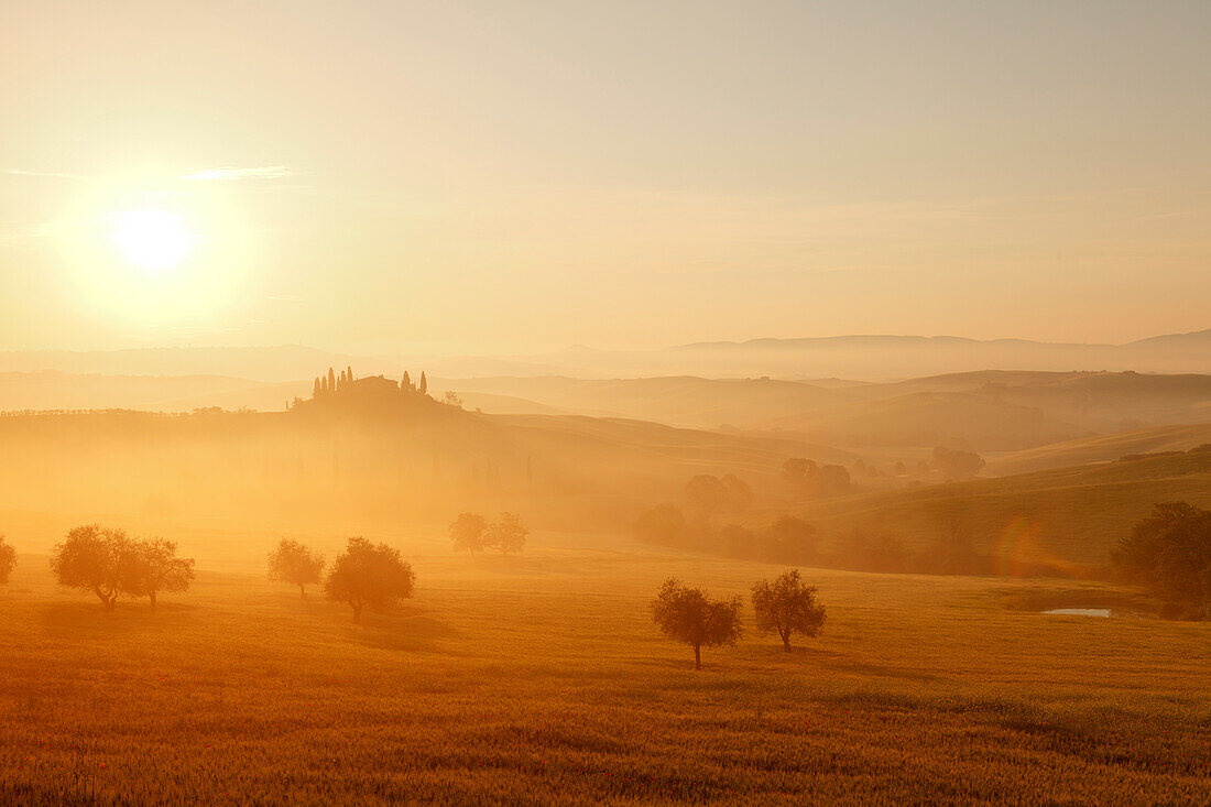 Typical tuscan landscape with hillls, country house and cypresses, near San Quirico d´Orcia, Val d'Orcia, Orcia valley, UNESCO World Heritage Site, Province of Siena, Tuscany, Italy, Europe