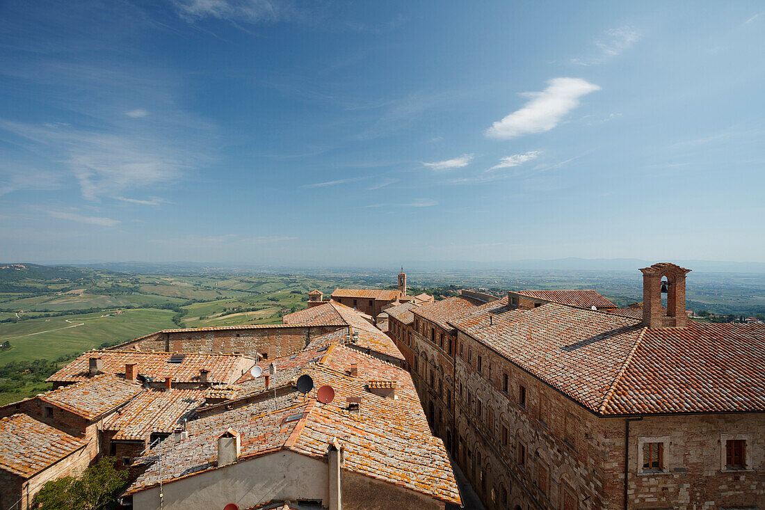 View from Palazzo Communale town hall into Chiana valley, Montepulciano, UNESCO World Heritage Site, province of Siena, Tuscany, Italy, Europe