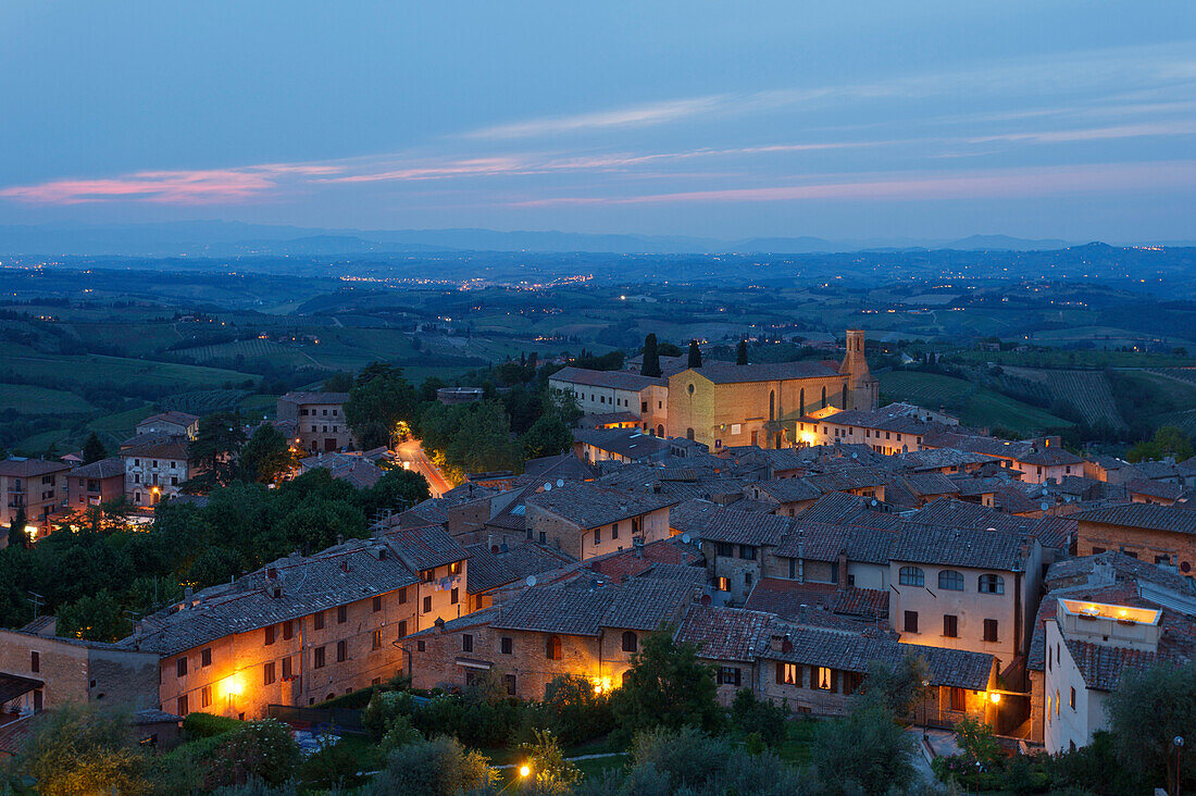 San Gimignano with Sant Agostino, church of St. Augustine at night, 13th. century, hill town, province of Siena, Tuscany, Italy, Europe