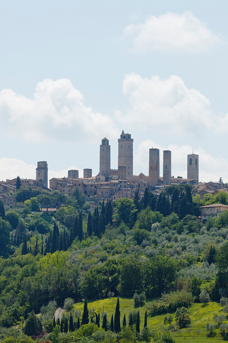 view of the town with towers, San Gimignano, hill town, UNESCO World Heritage Site, province of Siena, Tuscany, Italy, Europe