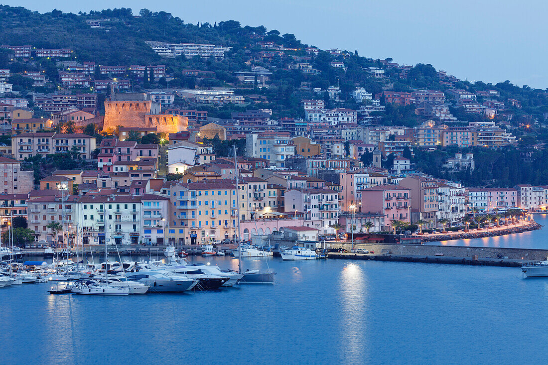 Port in the evening light, Porto San Stefano, seaside town, Monte Argentario, Mediterranean Sea, province of Grosseto, Tuscany, Italy, Europe