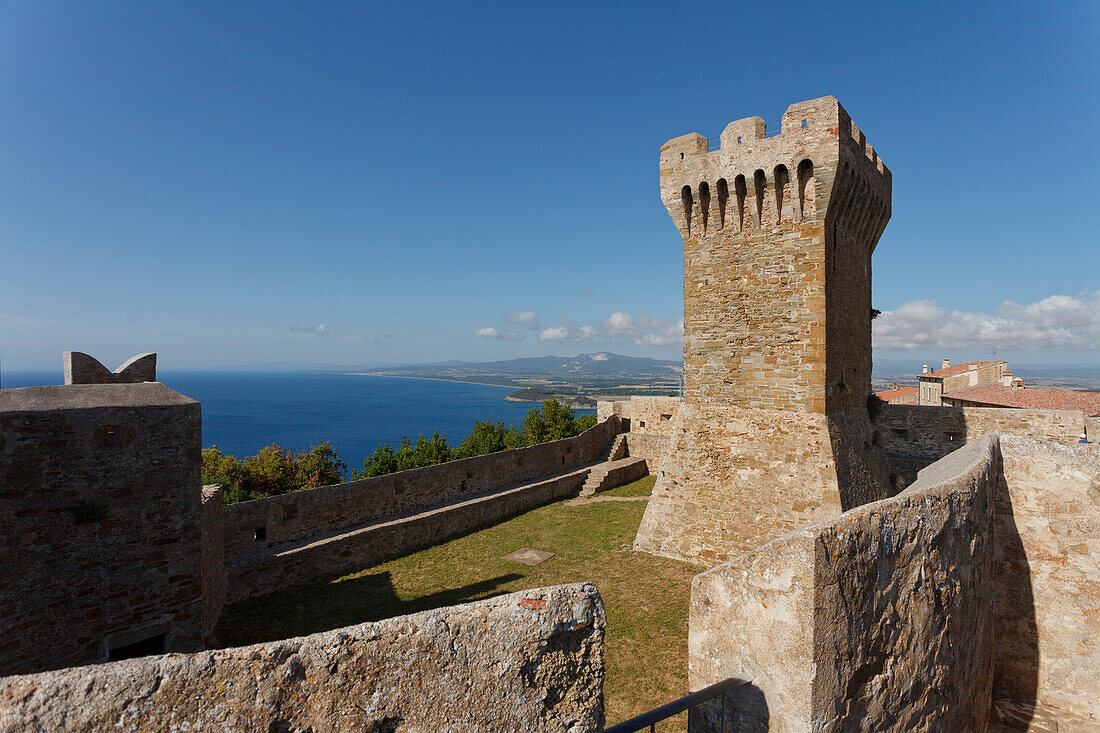 View from the fortress, Populonia Alta, Mediterranean Sea, province of Livorno, Tuscany, Italy, Europe