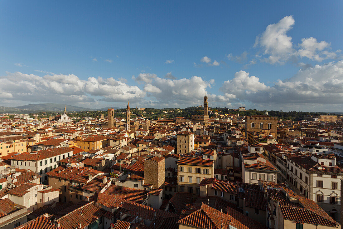 Cityscape with Palazzo Vecchio, Palazzo della Signoria, view from the bell tower of Duomo Santa Maria del Fiore cathedral, historic centre of Florence, UNESCO World Heritage Site, Firenze, Florence, Tuscany, Italy, Europe