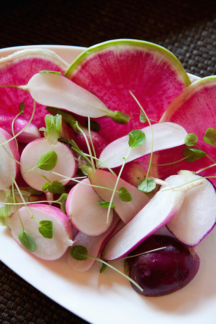 USA, California, Sonoma, The Girl and the Fig restaurant, organic locally grown heirloom radish salad