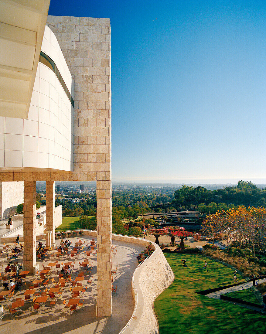 USA, California, Brentwood, Los Angeles, view of the Getty Museum under a blue sky