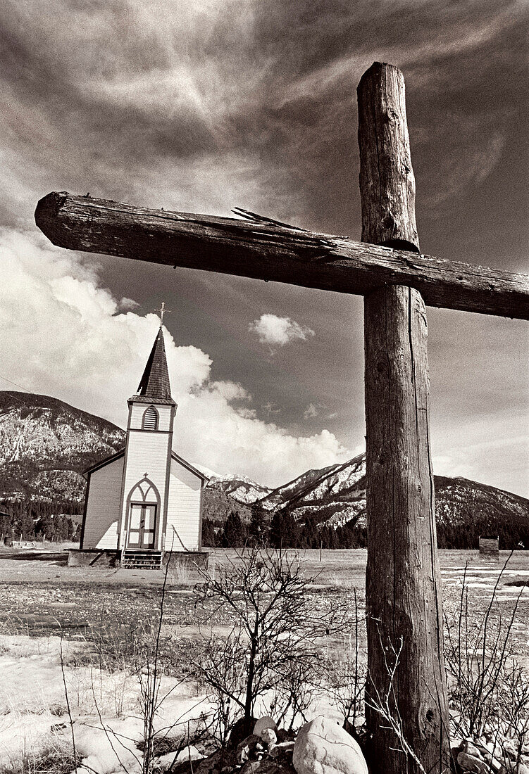 CANADA, exterior of House of God church and cross, Golden (B&W)
