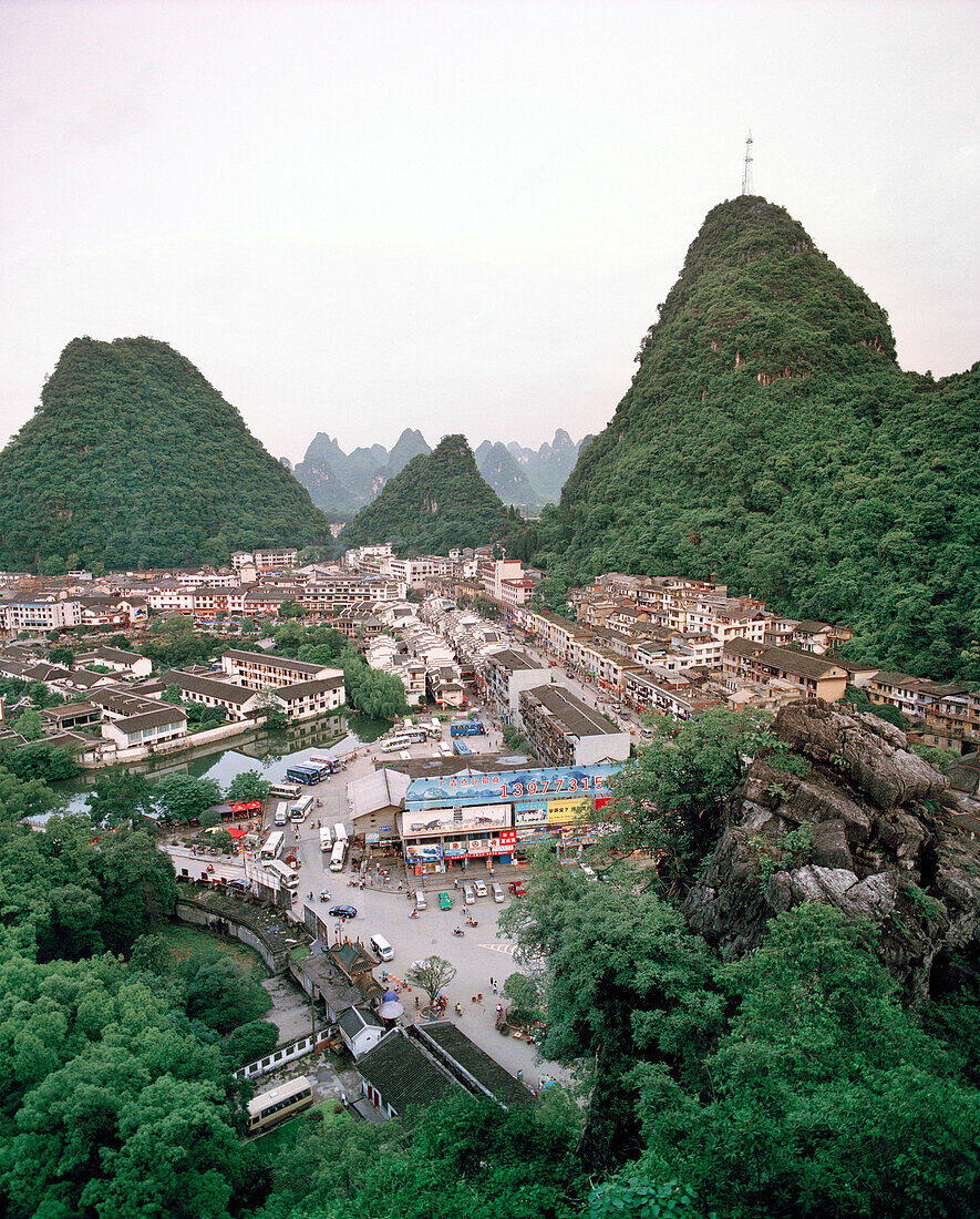 CHINA, elevated view of Guilin and limestone spires
