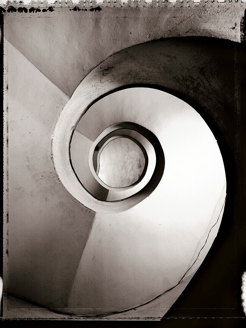 ERITREA, Asmara, looking up the staircase of an apartment building in downtown (B&W)
