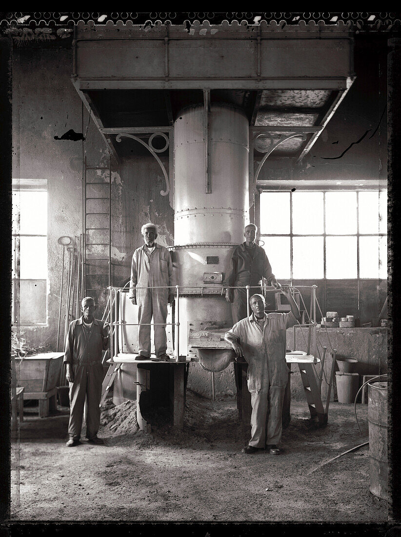 ERITREA, Asmara, the foundry workers who built the original railroad connecting Asmara to the port town of Massawa (B&W)