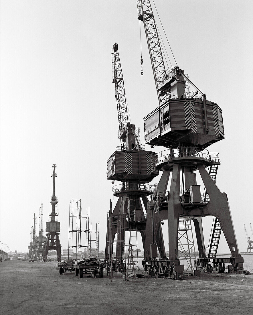 ERITREA, Massawa, cranes line the Port of Massawa at the edge of the Red Sea (B&W)