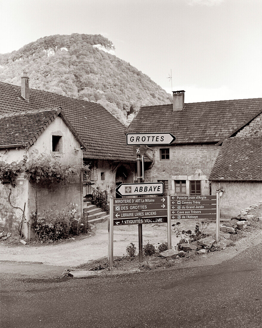 FRANCE, Baume les Messieurs, road sign at the village entrance, Jura Wine Region (B&W)