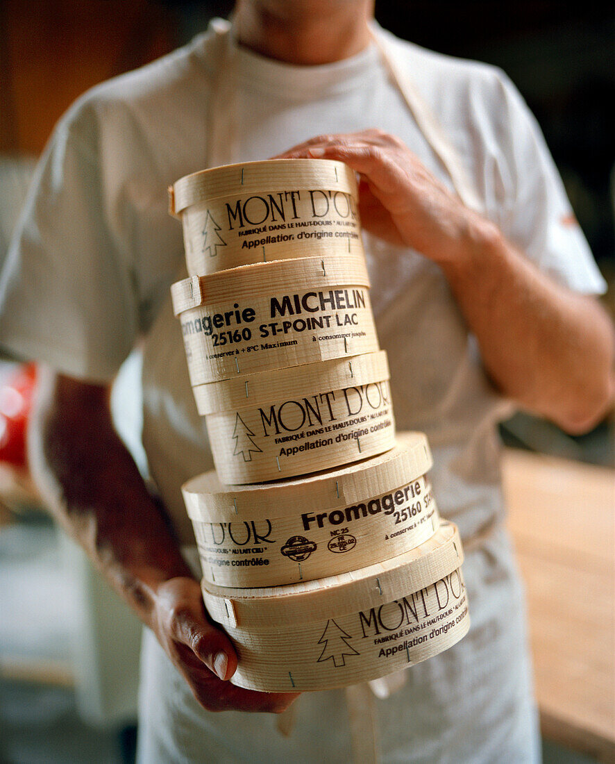 FRANCE, cheese maker Fabrice Michelin at the Fromagerie Michelin, Franche-Comte region, Mont D’or Cheese