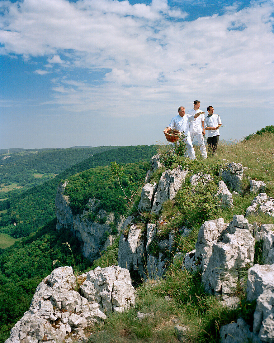 FRANCE, Arbois, chef Jean Paul Jeunet and assistant chefs Pierre and YoAnn gather fresh herbs in the countryside above Arbois, Jura Wine Region