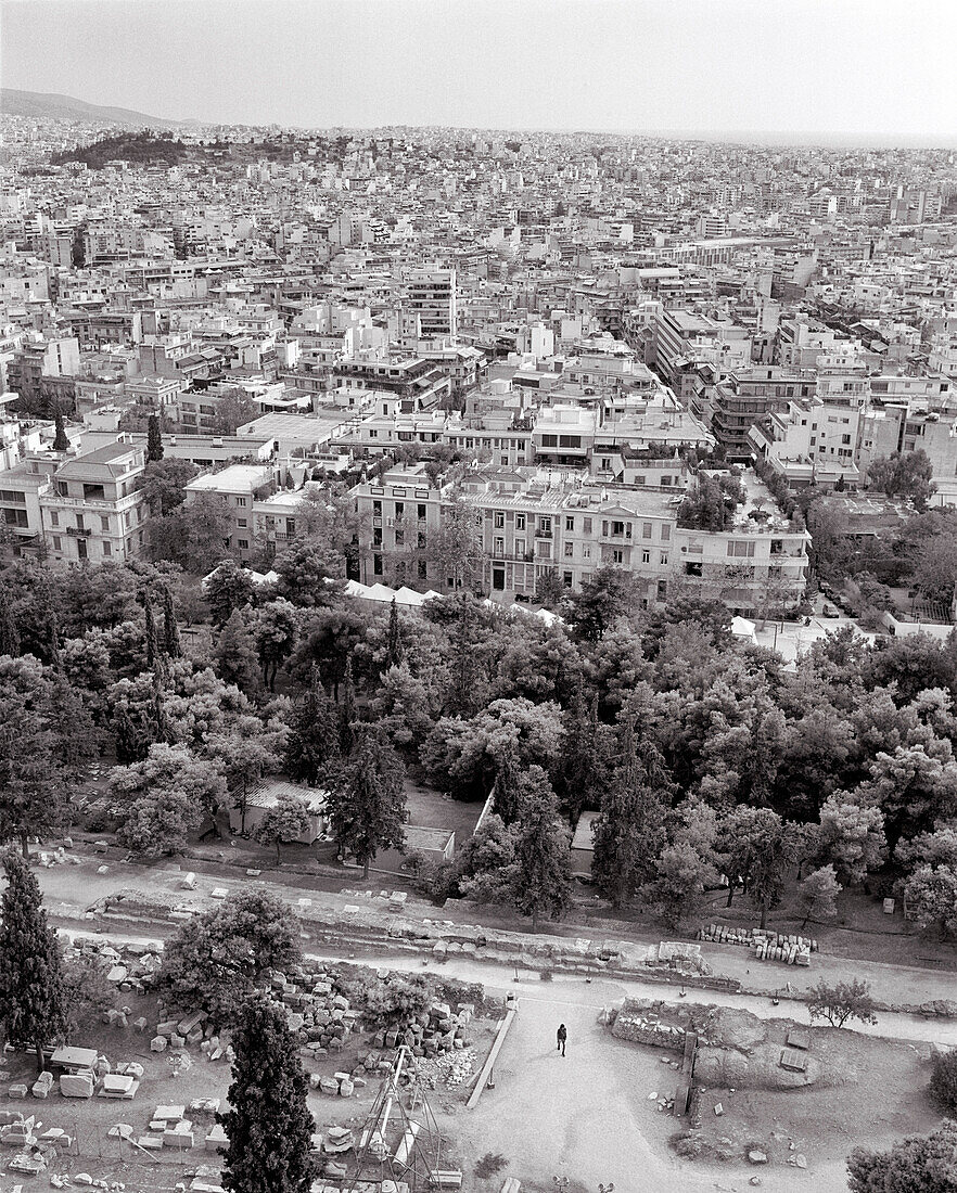 GREECE, Athens, elevated view of the city from the Acropolis (B&W)