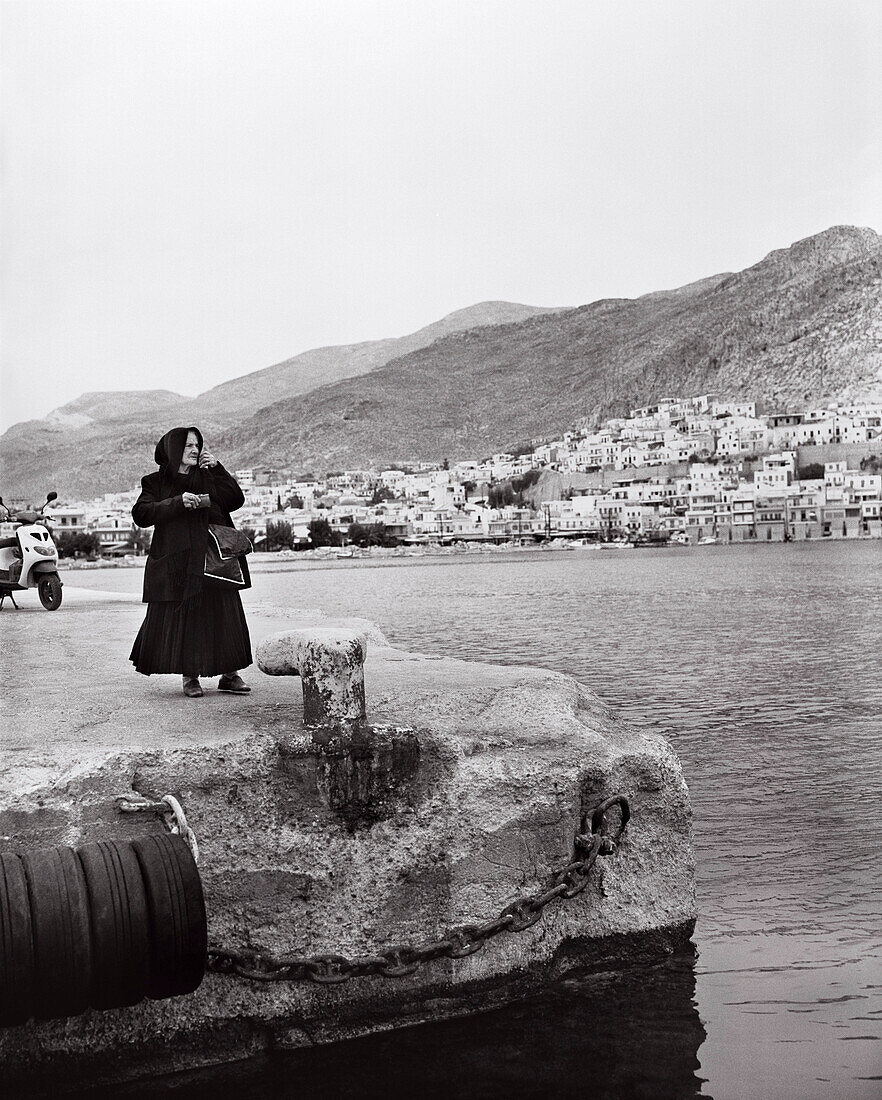GREECE, Kalymnos, Dodecanese Island, ferry stop on the way from Athens to Patmos (B&W)