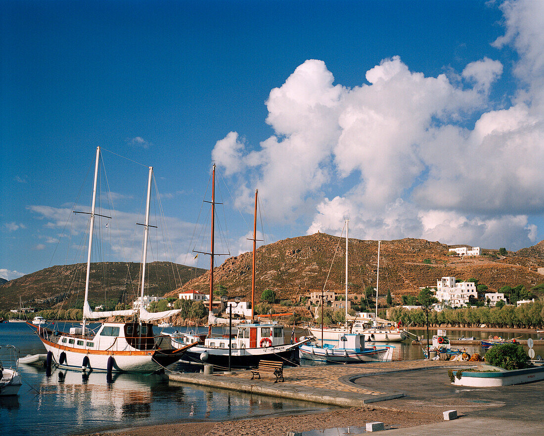 GREECE, Patmos, Grikos, Dodecanese Island, fishing fishing and sailing boats in the Grikos Marina, Agean Sea
