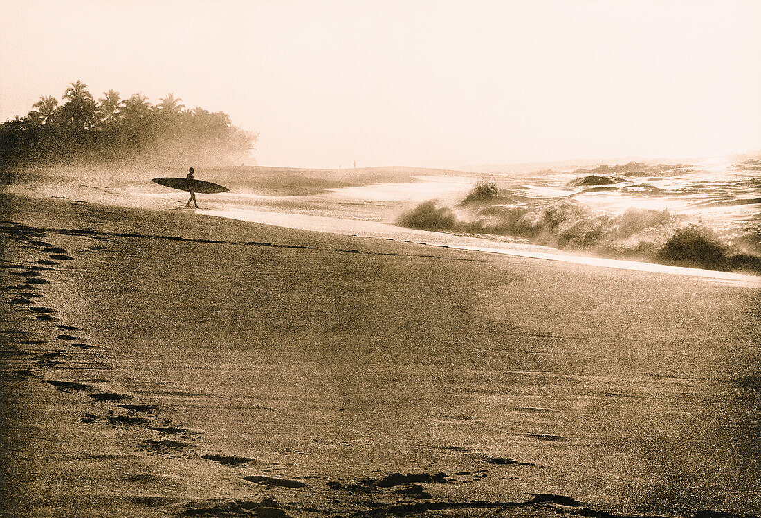 USA, Hawaii, surfer going towards the water, Sunset Beach (B&W)