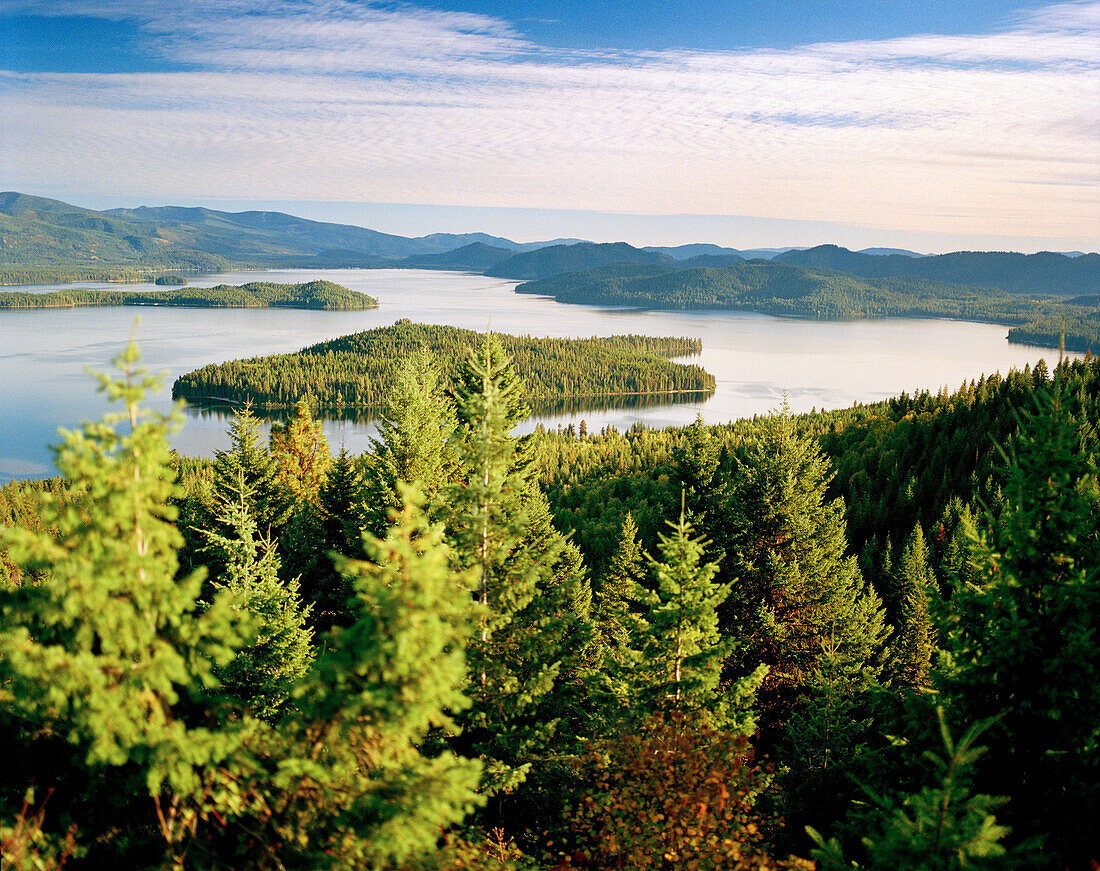 USA, Idaho, Priest Lake amid trees and mountains