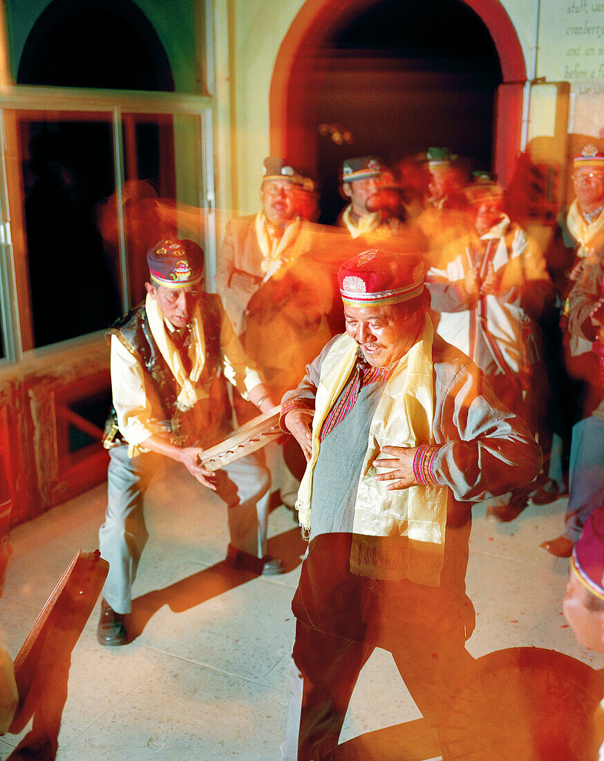 INDIA, West Bengal, traditional Gork'as dancers, Cochrane Palace, Kurseong