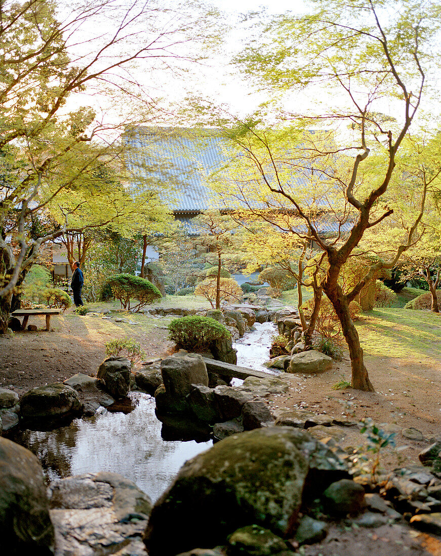 JAPAN, Kyushu, man contemplating at the Enichiji Temple and gardens