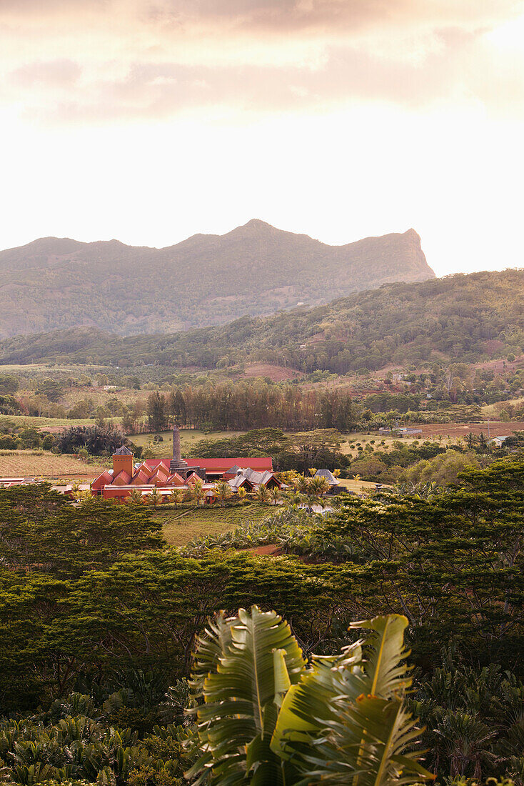 MAURITIUS, Chamarel, an elevated view of the Rhumerie de Chamarel and the surrounding landscape