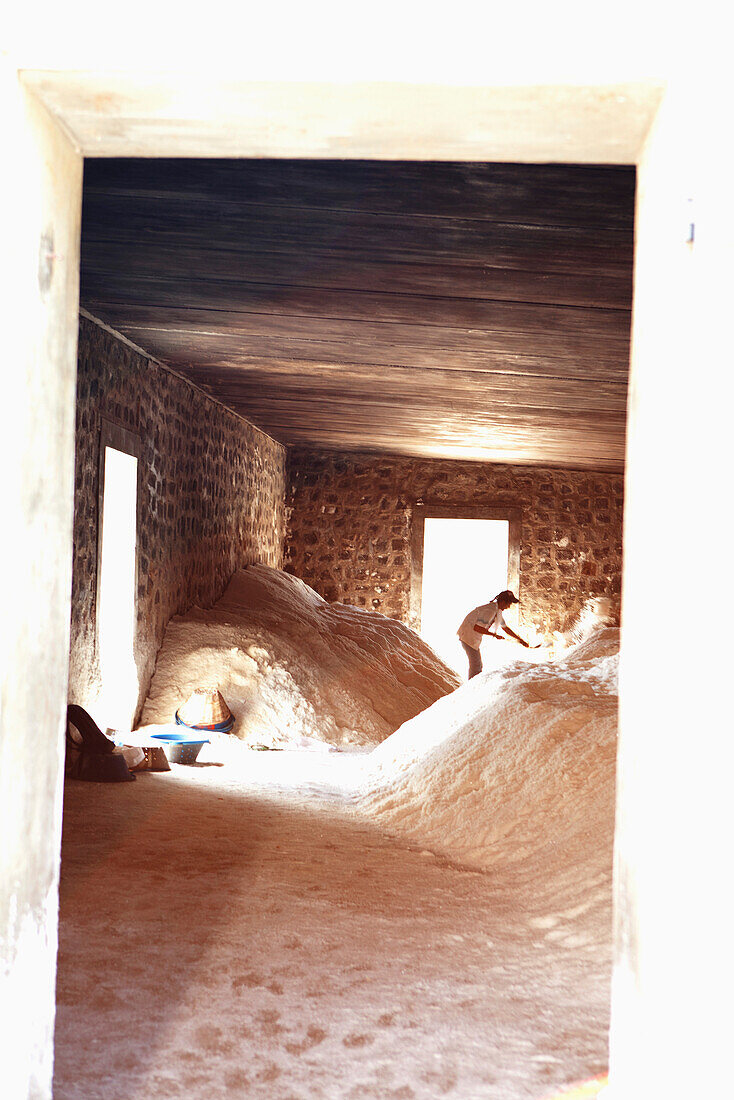 MAURITIUS, Tamarin, a storage room filled with piles of salt that is ready to be transported, Tamarin Salt Pans