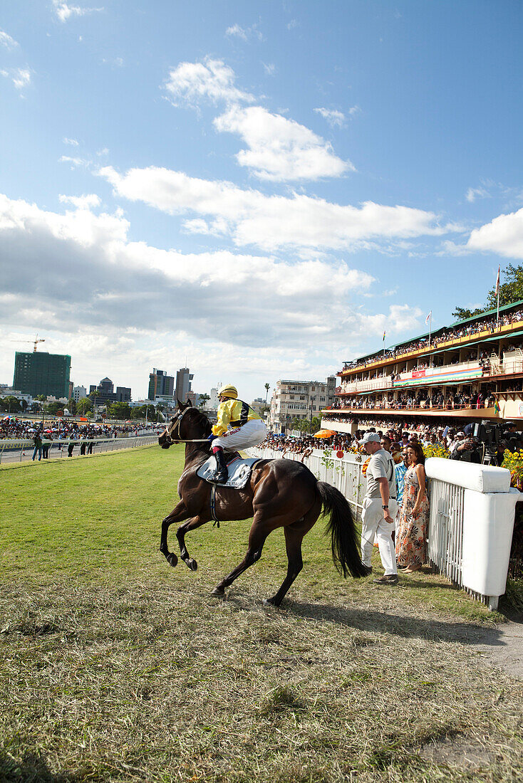 MAURITIUS; Port Louis; an international horse race draws thousands at Champ de Mars Race Cource; International Jockey Day