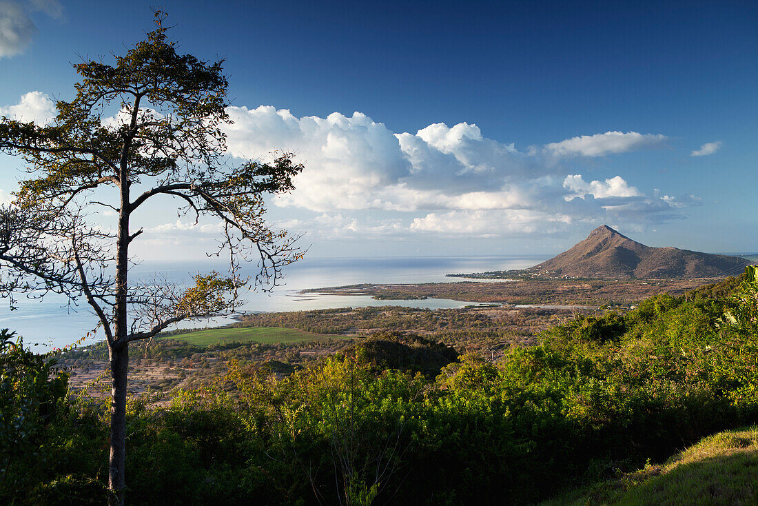 MAURITIUS, a view of the West Coast of Mauritius from Plaine Champagne Road towards the town of La Preneuse, Tamarin sits on the backside of the mountain