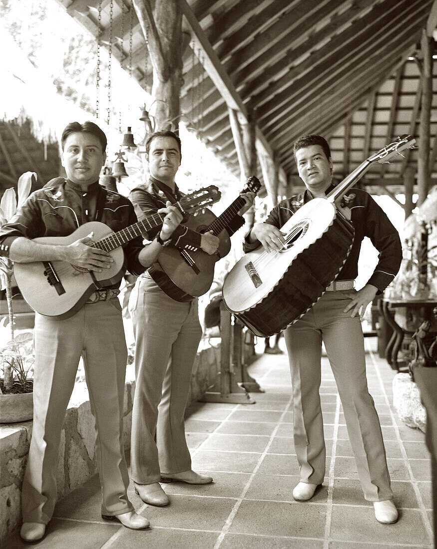 MEXICO, Maya Riviera, Mariachi band portrait (B&W)