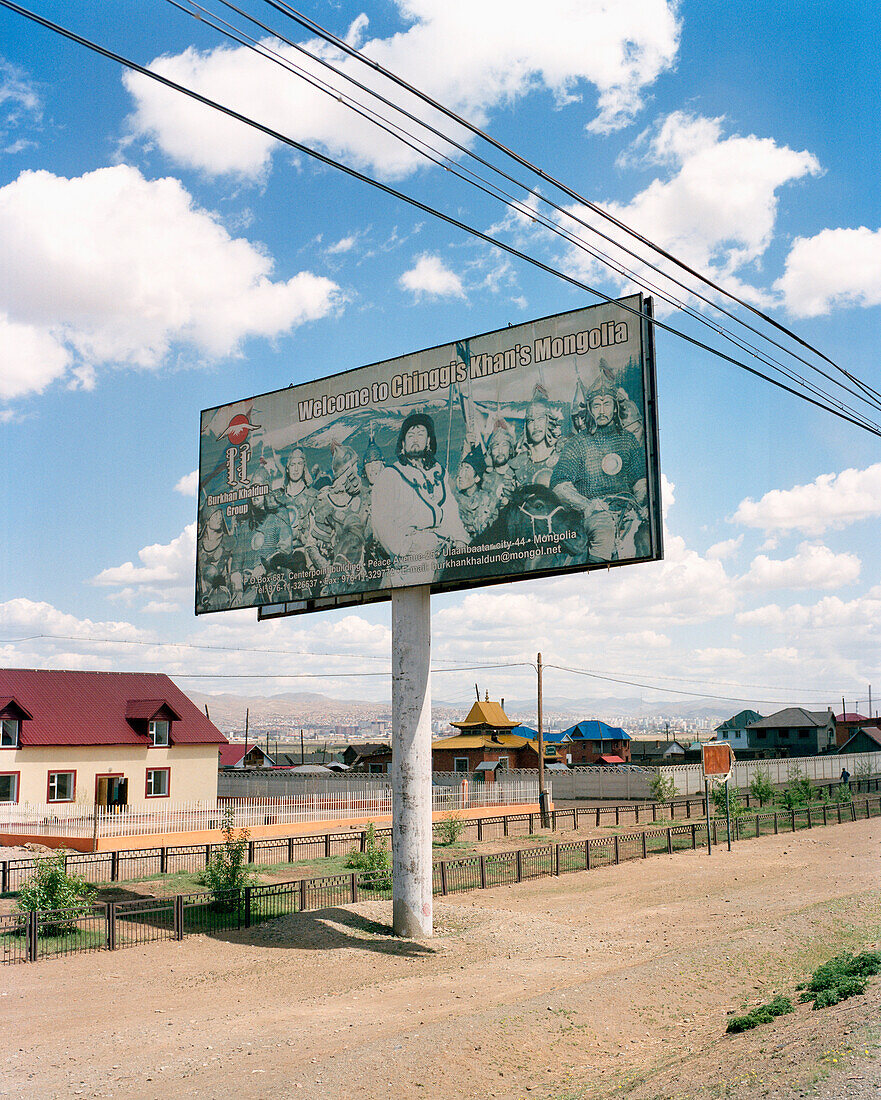 MONGOLIA, Ulaanbaatar, Chinggis Khan welcome billboard on street