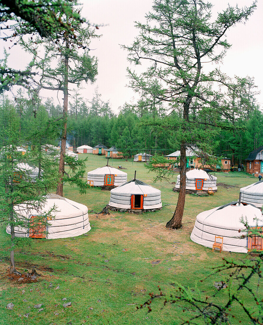 MONGOLIA, an elevated view of Toilogt ger camp at Khovsgol Lake, Khuvsgul National Park