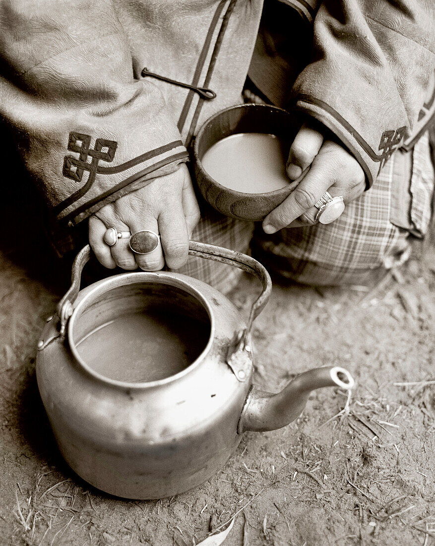 MONGOLIA, Khuvsgul National Park, drinking tea with the owner of a reindeer farm, near Khuvsgul Lake (B&W)