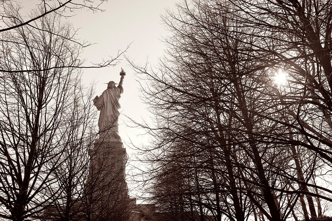 USA, New York, the Statue of Liberty on Liberty Island in New York Harbor, (B&W)