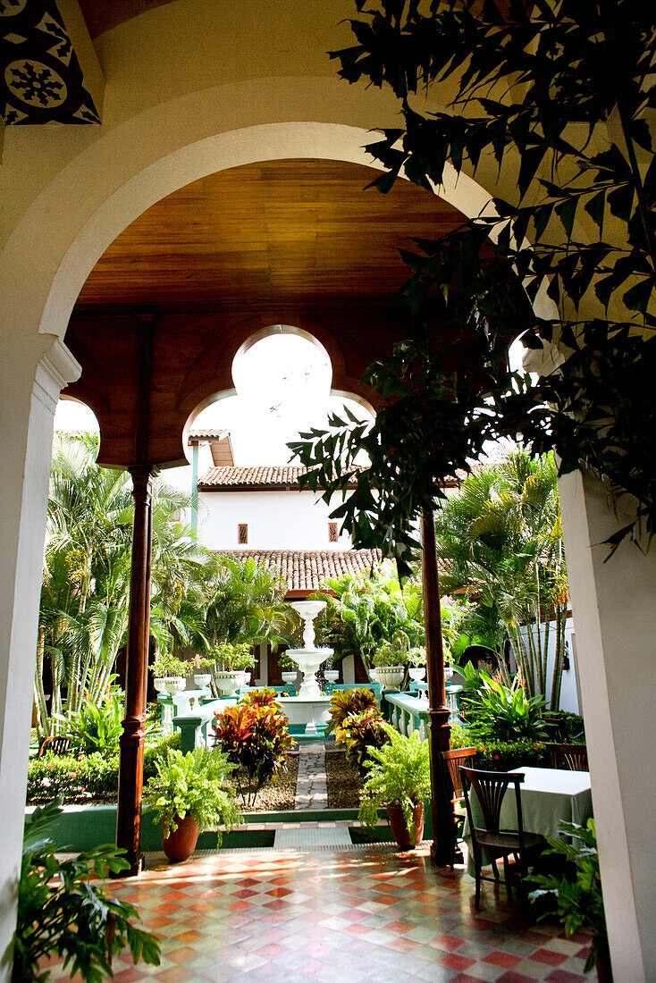 NICARAGUA, Granada, looking into the center courtyard at the Dario Hotel, downtown