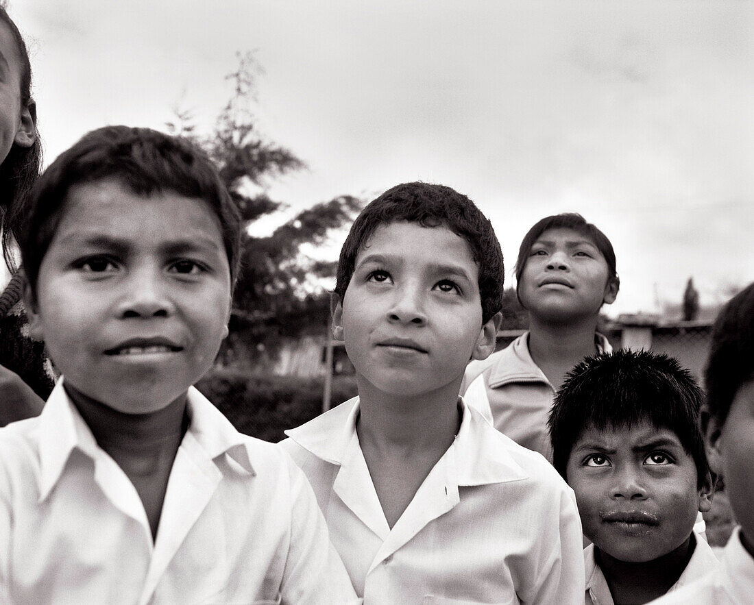 PANAMA, David, Guadalupe, school kids in the mountain town of Guadalupe, across the street from the Los Quetzales Lodge, Central America (B&W)