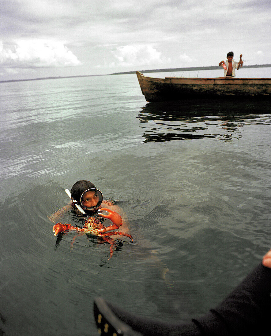 PANAMA, Bocas del Toro, a man freedives and comes to the surface with a crab, his son holds up a fish and a lobster, the Caribbean Sea off the coast of Isla Colon, Central America