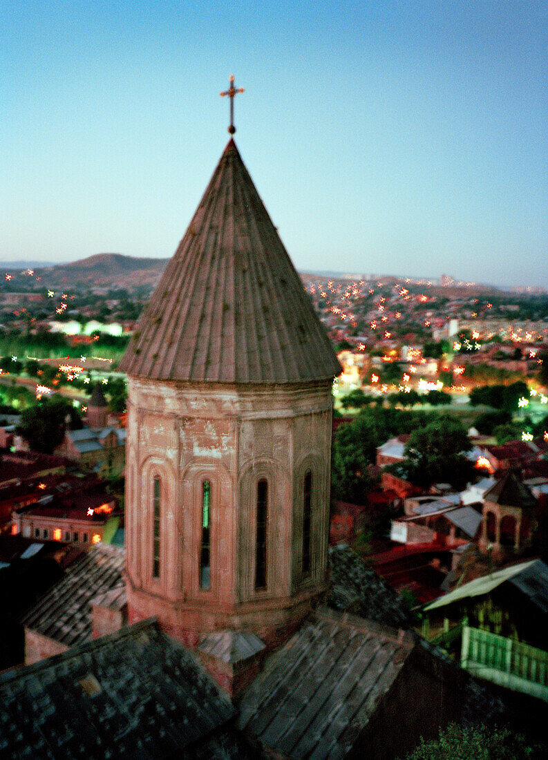 REPUBLIC OF GEORGIA, exterior of Russian Orthodox Church and Tbilisi at dusk