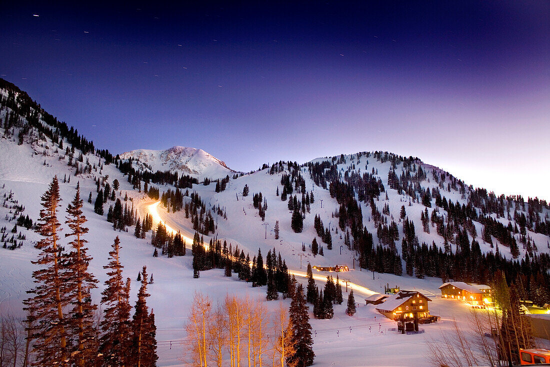 USA, Utah, Alta Ski Resort and mounatin at night