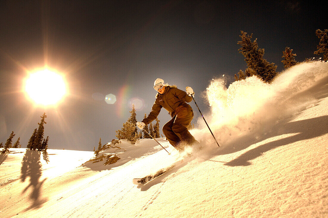 USA, Utah, young woman skiing Rocky Point, Alta Ski Resort