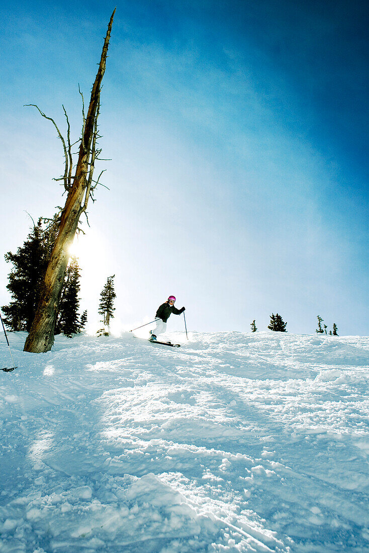 USA, Utah, young woman skiing Rocky Point, Alta Ski Resort