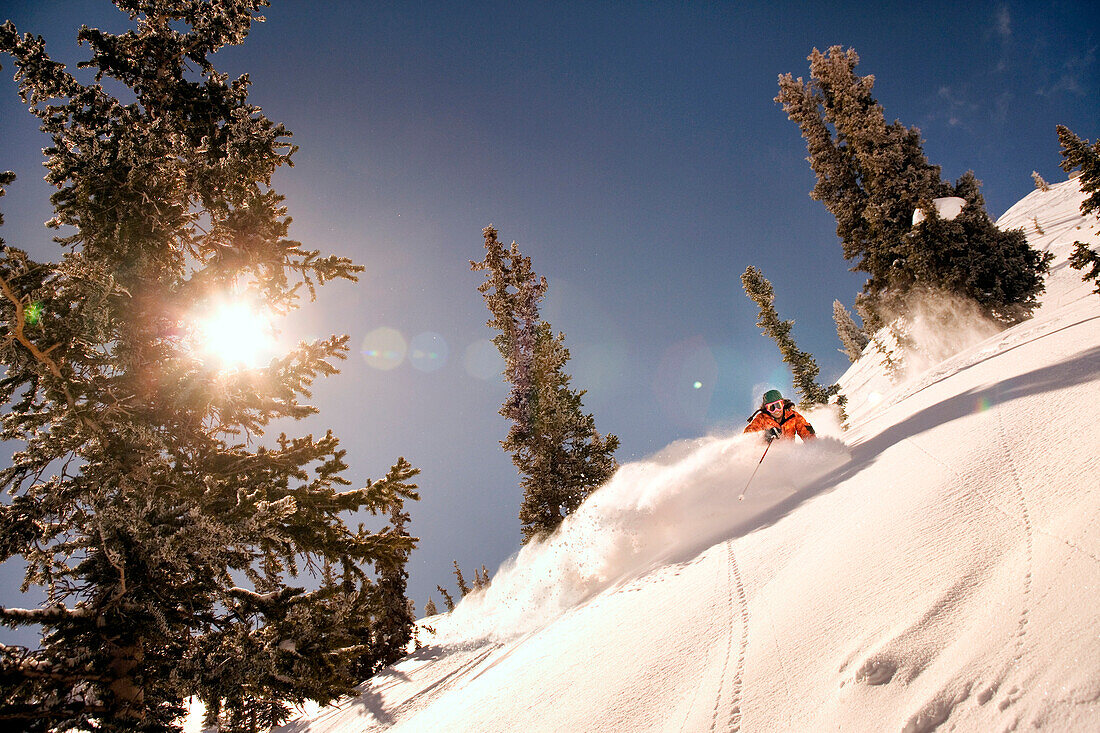 USA, Utah, young woman skiing Rocky Point, Alta Ski Resort