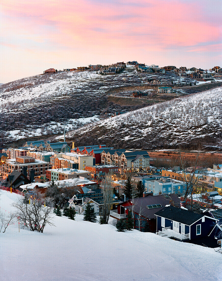 USA, Utah, scenic view of Park City Ski Resort and town at dusk