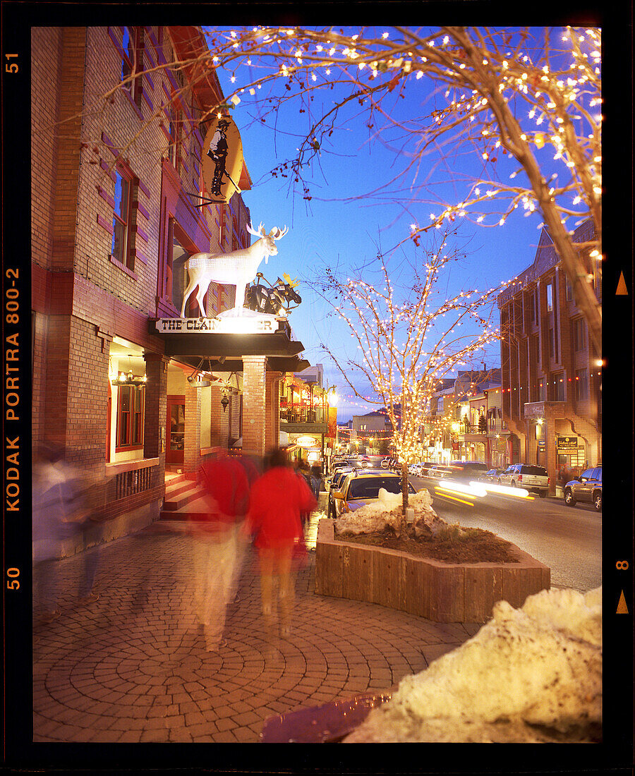 USA, Utah, Park City, a view of mainstreet in downtown Park City at night