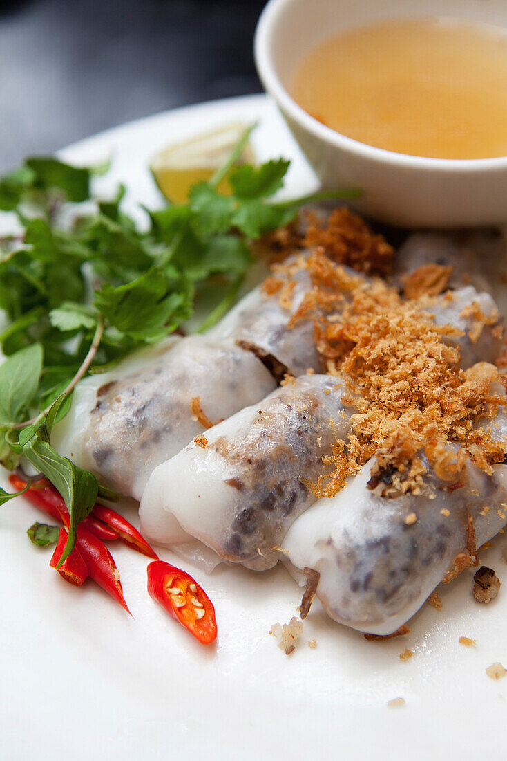 VIETNAM, Hanoi, traditional street food restaurant called Quan An Ngon, white noodle with BBQ pork, Bun Cha