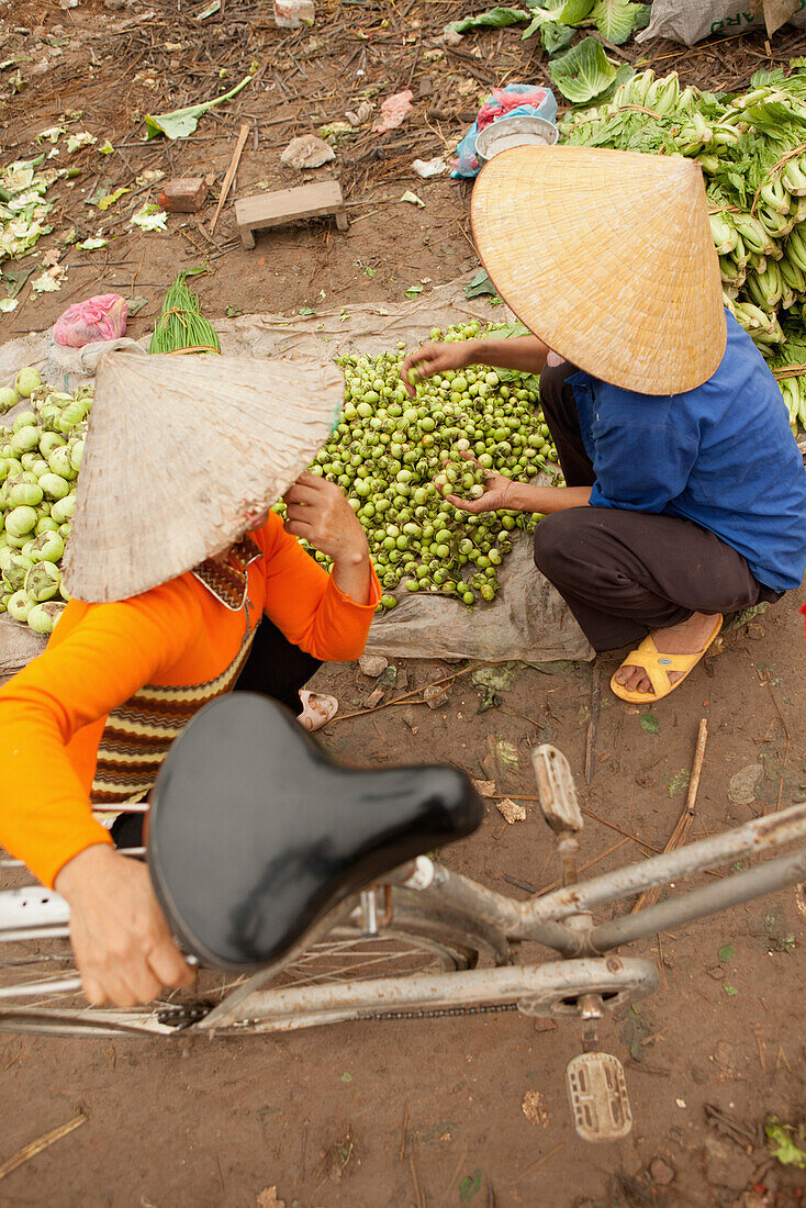 VIETNAM, Hanoi, Countryside, women sell produce at a road side market in Thanh Bac Ninh